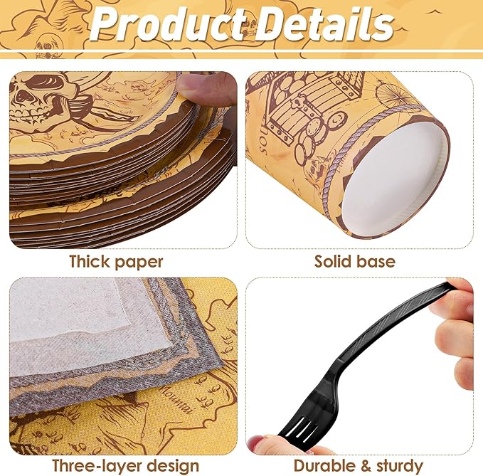 Kochorie 144 Pieces Pirate Party Supplies, Treasure Map Tableware Sets Including Disposable Paper Plates Napkins Cups Forks Serves 24 for Treasure Theme Birthday Party Decorations