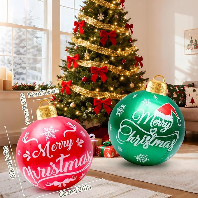 2 Pcs 24-Inch Christmas Ornaments, Large Flocked PVC Decorative Balls Christmas Themed Party Ornaments for Lawn, Garden, Patio and Indoor Decor (Red,Green)