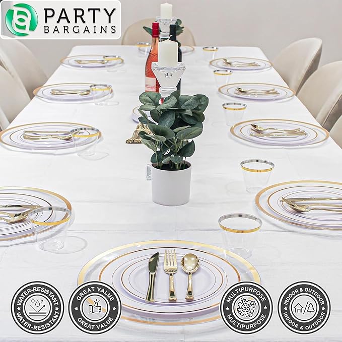 PARTY BARGAINS Disposable Table Covers, 54 x 108 Inch, White, 3-Ply Paper & Plastic Spill-Resistant Party Tablecloths, 1 Pack