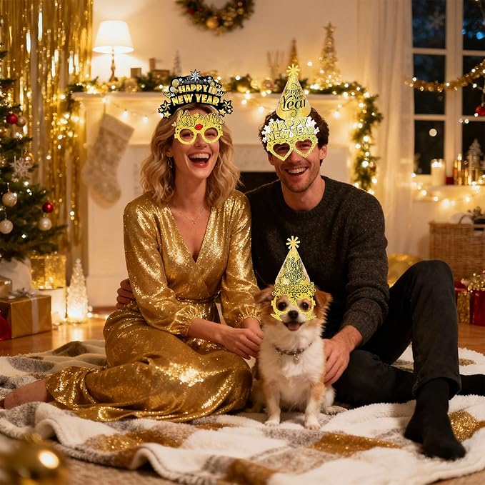 HOWAF New Years Eve Party Supplies 2026, Happy New Years Party Favors Headband Cone Hats Glitter Paper Eyeglasses Noise Makers Laser Gold New Year Decorations 2026 for NYE Favor Accessories 36pcs