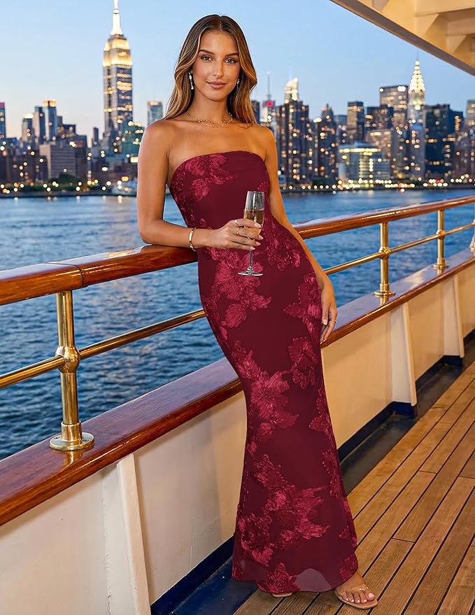 MEROKEETY Women's Floral Strapless Maxi Dress 2026 Summer Mesh Tube Bodycon Formal Wedding Guest Cocktail Party Long Dresses