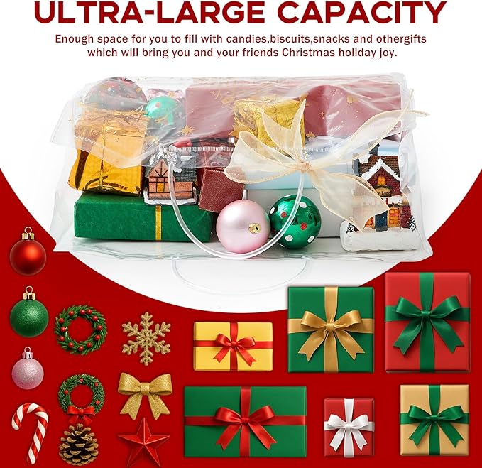 Henoyso 8 Pcs Christmas Clear Gift Bags Plastic Candy Treat Goodie Bags Red Foil Santa PVC Wrap Totes with Handles and Ribbon Xmas Party Favors (Christmas Tree,Bells,16x 6x 12 Inch)