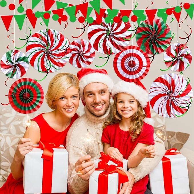 Outus 25 Pcs Christmas Party Decorations Supplies Merry Christmas Party Banner Red Green White Xmas Paper Fans Flower Pom Poms Hanging Swirls Pennant Circle Dots Garland for Xmas Birthday Decor