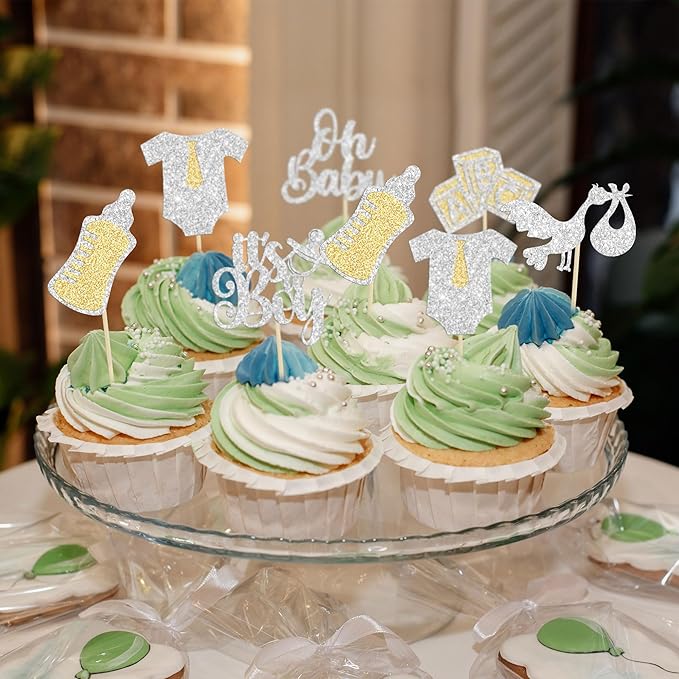 Gyufise 24Pcs Oh Baby Cupcake Toppers Glitter It's a Boy Cupcake Picks Tie Onesie Baby Bottle Baby Shower Cake Decorations for Gender Reveal Baby Shower Kids Boys Birthday Party Supplies Silver