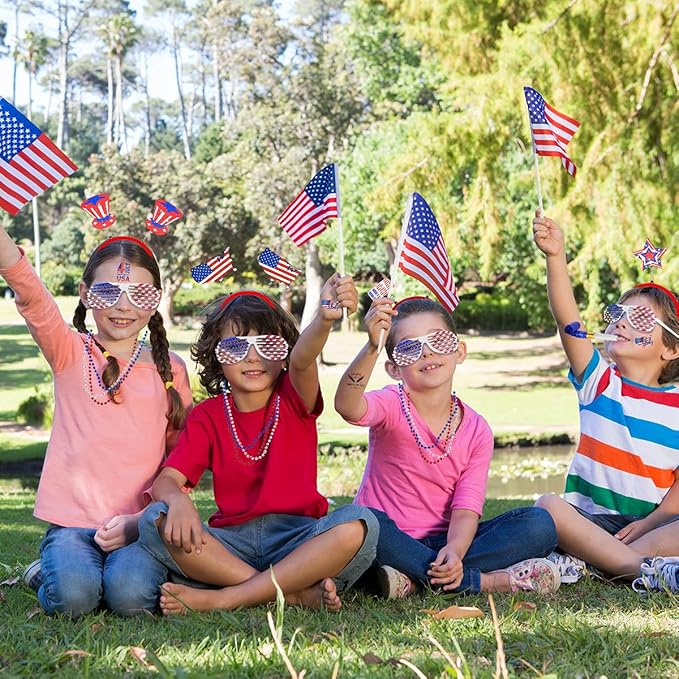 MOVINPE 120 Pcs Patriotic Party Favors, 4th of July Accessories Headbands, Shutter Shades Glasses, Beaded Necklaces, Hand Held USA Flags, Musical Blow Outs, Temporary Tattoos Parades Giveaways
