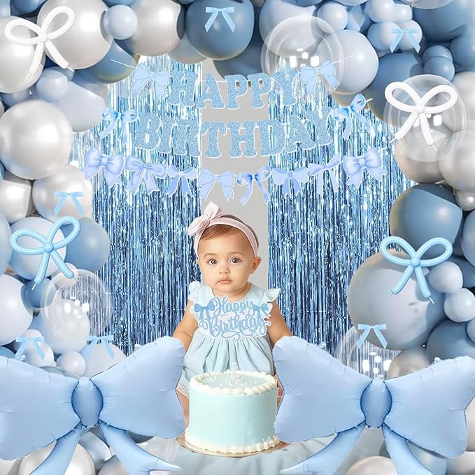 Dusty Blue Bow Birthday Decorations, Coquette Bow Blue White and Clear Balloons with Happy Birthday Banner Fringe Curtain Cake Toppers for Women Girls Baby Shower Party Supplies