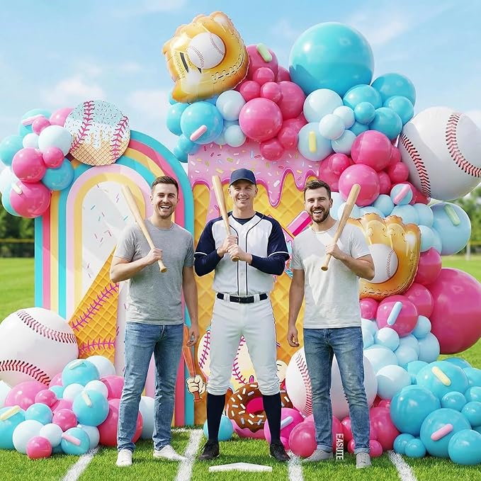 Ice Cream Drip Baseball Birthday Party Decorations, 133PCS Baseball Balloon Arch Garland Kit Ice Cream Theme Hot Pink Latex Balloons with Baseball Foil Balloons for Birthday Baby Shower Party Supplies