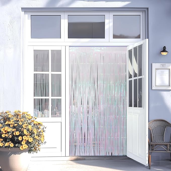 2 Pack White Iridescent Streamers Backdrop, 3.3x6.6ft Foil Fringe Curtains Silver Holographic Door Tinsel Streamers for Birthday, Wedding, Holiday, Bachelorette, Theme Party Decorations