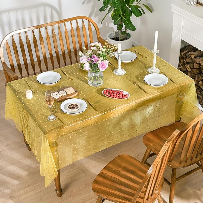 Horaldaily Yellow Gold Sparkling Star Gauze Tablecloth 60x84 Inch Rectangular, Golden Star Sequin Glitter Metallic Foil, Sheer Tulle Cheesecloth for Wedding Baby Shower Party