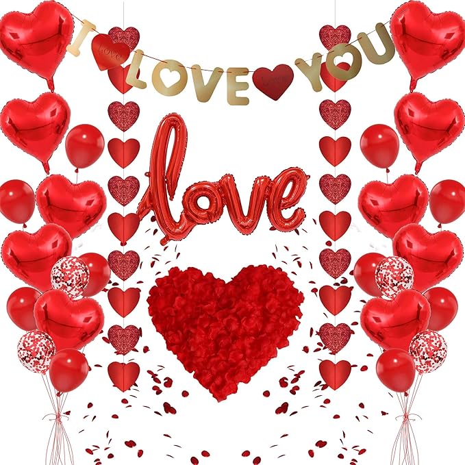 Anniversary Romantic Decorations Heart Balloons - 29Pcs Gold I Love You Banner Red Heart Balloon and Rose Petals For Engagement Wedding Anniversary Valentines Day Decor Supplies