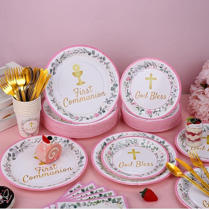 Kochorie 400 Pieces Pink First Communion Decorations, Disposable First Holy Communion Party Tableware Set with Plates Cups Napkins Cutlery Serves 50 for Baby Shower God Bless Baptism Party Supplies