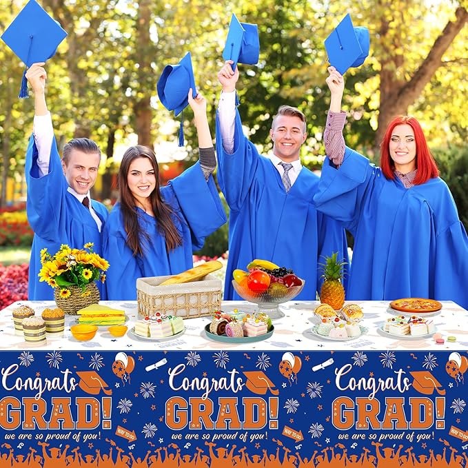 3Pack Graduation Tablecloth Party Decorations, Class of 2026 Congrats Grad Plastic Tablecover Party Supplies, Blue and Orange Rectangle Graduation Table Decor for College High School Party, 54x108Inch