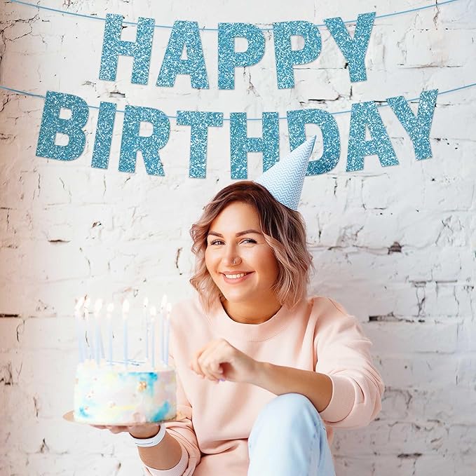 Pre-strung Happy Birthday Banner - No DIY - Light Blue Glitter Happy Birthday Party Banner for Boys & Girls - Pre-strung on 8 ft Strands - Blue Bday Party Decorations & Decor. Did We Mention No DIY