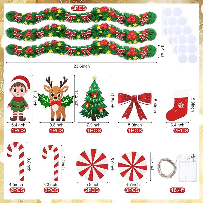 22 Pcs Christmas Fence Decorations Outdoor Xmas Garland Deer Gingerbread Peppermint Candy Yard Signs with LED String Lights for Christmas Holiday Outside Lawn Garden Window DIY Decor