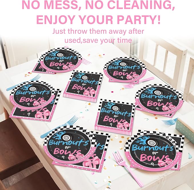 Qyeahkj 24 Guests Burnouts or Bows Gender Reveal Party Supplies Baby Boy or Girl Disposable Plates and Napkins Tablecloth Baby Shower Party Decorations Paper Tableware Set Decor Party Favors