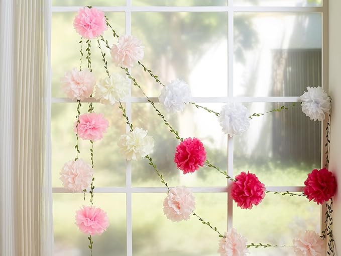 2 Pc White and Pink Hanging Flower Garland, 8.2 FT Pink Ombre Paper Flower Garland with Tissue Pom Pom Decorations, Pom Pom Garlands for Wedding Backdrop Bridal Shower Birthday Party