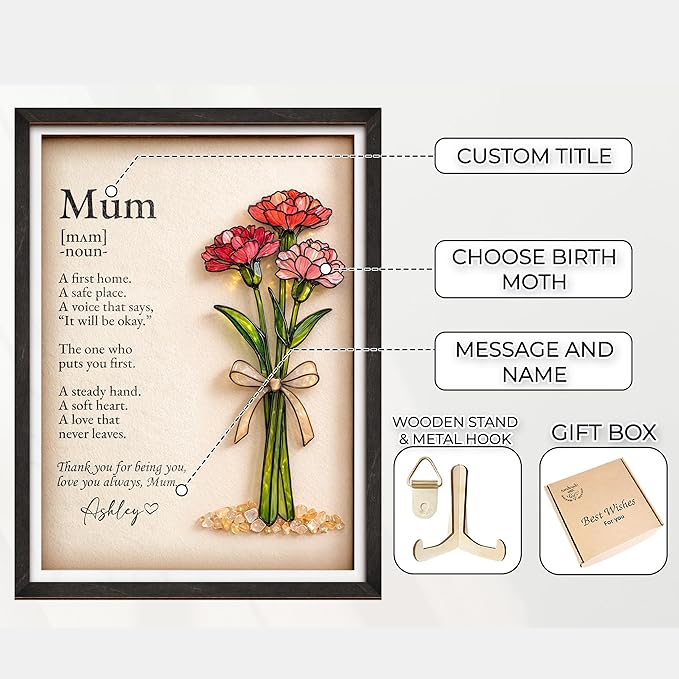 Personalized Birthday Gift for Women, Mom Birth Flower Frame, Custom Mum Definition Art Craft Family Keepsake, Gifts for Mothers Day, Grandma, Nana, Nini Gifts, Decorative Sign for Home