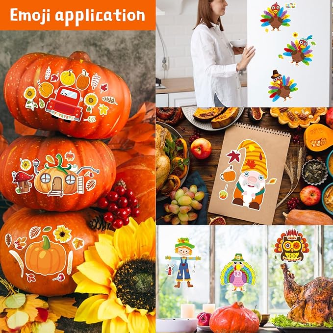 24 PCS Thanksgiving Stickers, Make a Turkey Face Stickers for Kids, Make Your Own Sticker Thanksgiving Party Favors Supplies, Fall Autumn Harvest Pumpkin Sticker