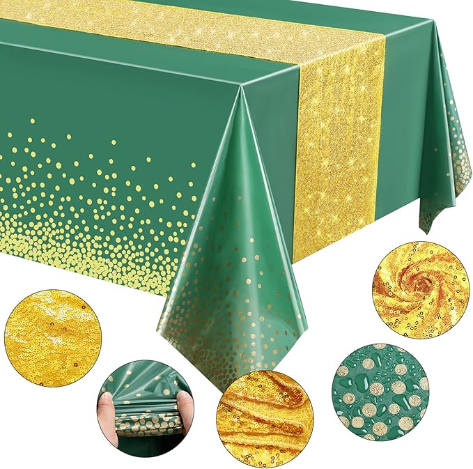 Irenare Tablecloth and Sequin Table Runner Set Polka Dots Confetti Table Cover Dining Plastic Tablecloths Glitter Decorations for Birthday Wedding Anniversary Party Supplies(Green, Gold,2 Pcs)