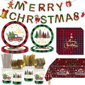 194 Pcs Christmas Paper Plates & Napkins Sets,Christmas Dinnerware/Tableware Disposable Sets Including Cups Straws Plastic Cutlery Banner Tablecloth for Xmas Party Supplies,Serves 24 Guests