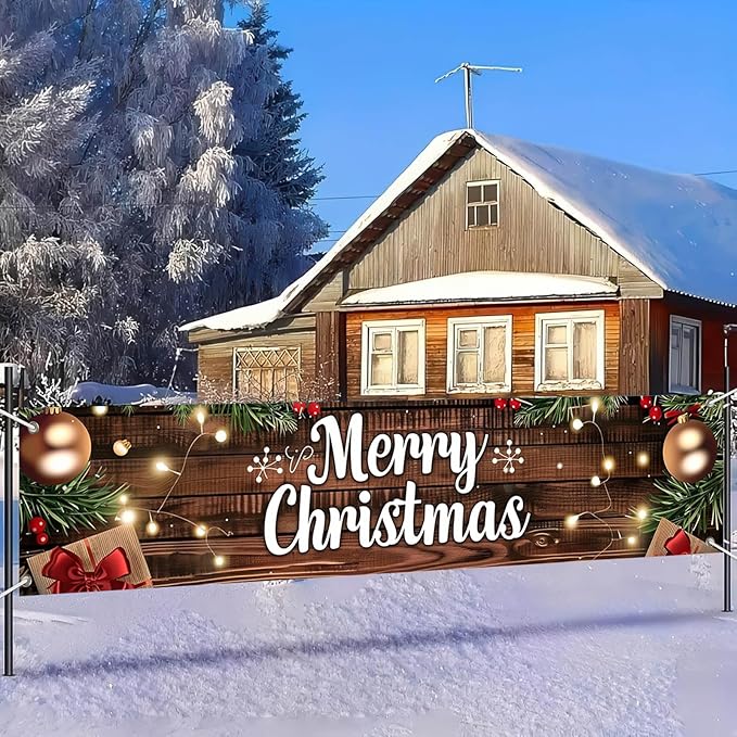 Outdoor Merry Christmas Hanging Banner 78.7x17.7 Inches Christmas House Fence Banner Decoration Holiday Party Supplies Vintage Xmas House Garaged Indoor Outside Christmas Party
