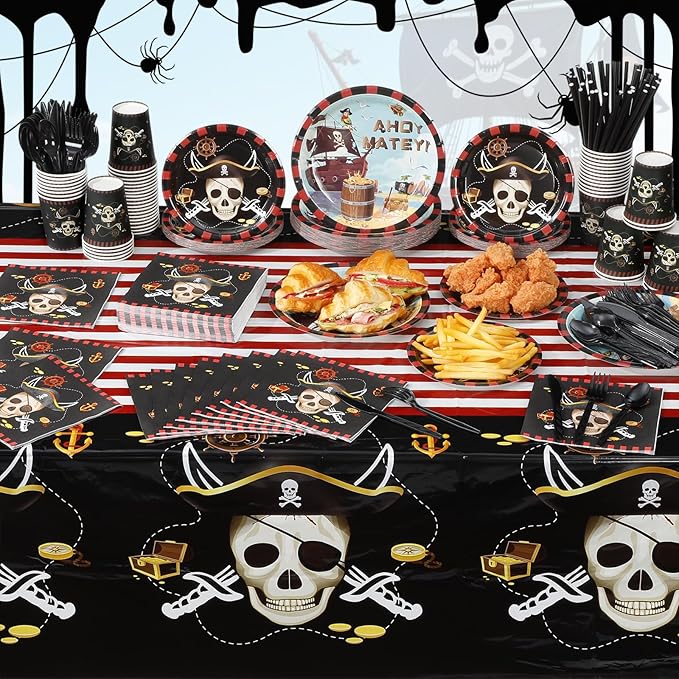 452 Pcs Party Supplies Serve 50 Guests, Paper Plates Napkins Cups Cutlery Plastic Tablecloth Dinnerware for Birthday Wedding Party Decoration(Red Black,Pirate)