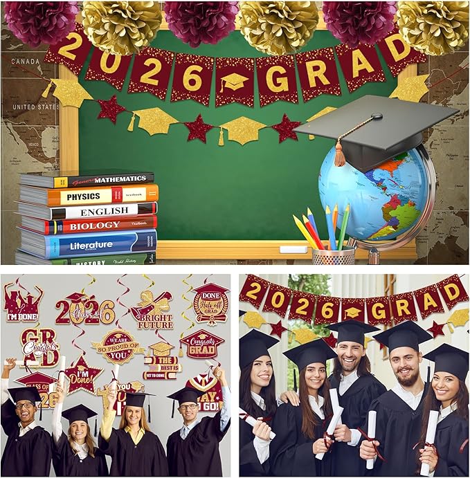 Maroon Graduation Decorations 2026, 2026 Grad Banner and Congrats Grad Hanging Swirls, Maroon and Gold Graduation Banner Graduations Hanging Swirls College Graduations Party Decorations Class of 2026