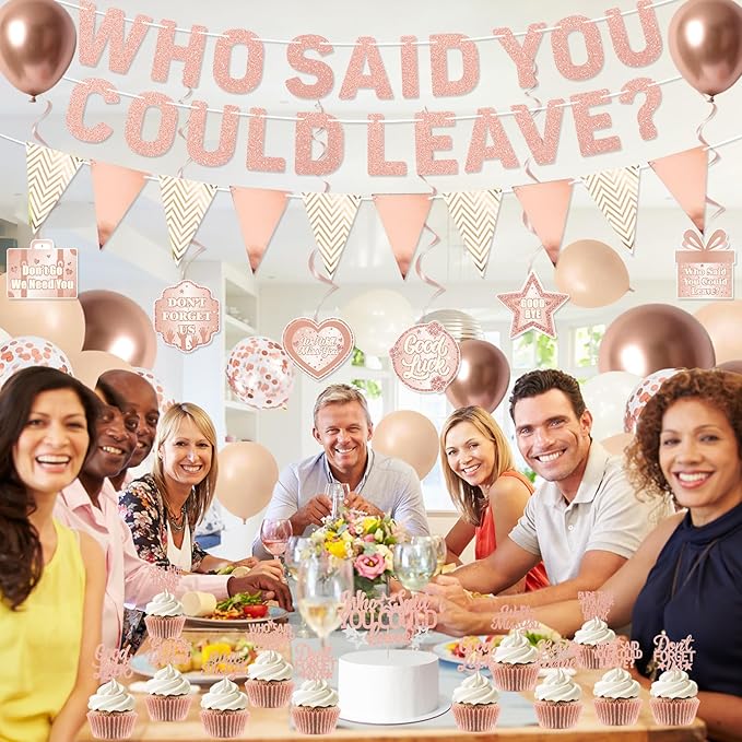 Roetyce Farewell Party Decorations, Pink Who Said You Could Leave Banner Cake Toppers Balloons Hanging Swirls, Rose Gold Going Away Retirement Leaving Party Decorations Coworker Goodbye Party Supplies