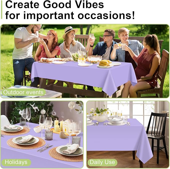 QIKSION Lavender Plastic Table Cloth Disposable 6 Pack, 54 x 108 Inch Tablecloths for Birthday Party Supplies, Easter Decorations, Light Purple, Pastel, Lilac Rectangle Table Cover