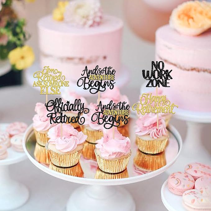 30 PCS Happy Retirement Cupcake Toppers Officially Retired Cupcake Picks No Work Zone Adventure Begins Cake Decorations for Retirement Theme Farewell Birthday Party Supplies Black Gold
