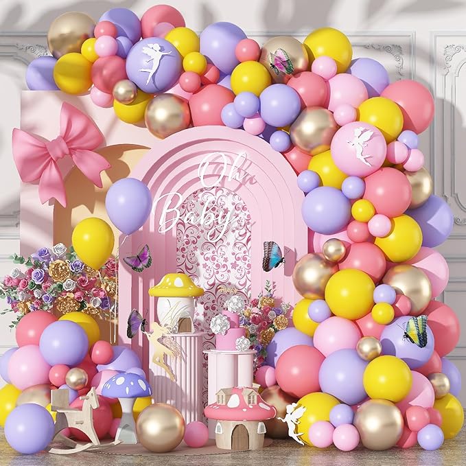 Fairy Balloon Arch Kit 107Pcs Pastel Pink Purple Balloons Garland Dusty Pink Yellow Champagne Gold Birthday Party Balloons for Girls Mushroom Butterfly Garden Wild Floral Bridal Baby Shower Decoration