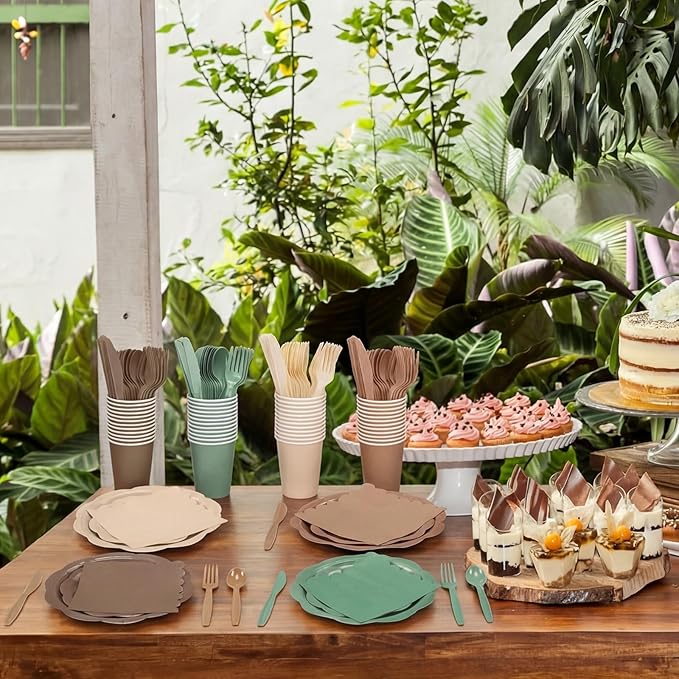 Qinyoung 388 Pcs Woodland Baby Shower Tableware Decorations Include Sage Green Brown Forest Scalloped Plate Paper Napkin Cup Plastic Cutlery for Safari Jungle Neutral Birthday Wedding, Serves 48