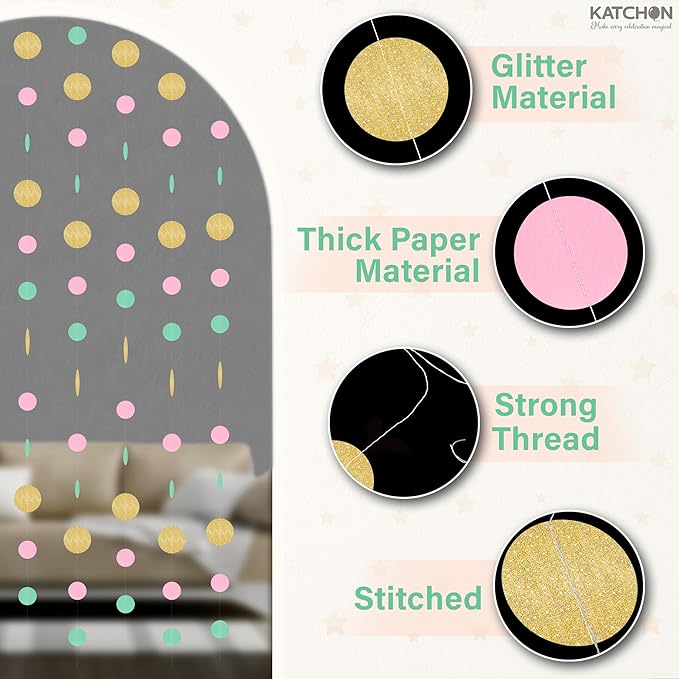 KatchOn, Circle Dots Paper Garland - 65 Feet, Pack of 5 | Colorful Birthday Garland for Pink Gold Birthday Decorations | Gold Hanging Decorations for Wedding, Baby Shower, Bridal, Classroom Decor