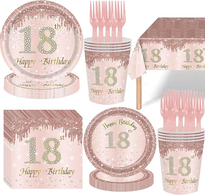121Pcs 18th Birthday Party Supplies Plates Napkins Cups Forks Tablecloth Rose Gold Happy 18th Birthday Themed Disposable Tableware Decorations Serves 24 Guests for Girls 18 Years