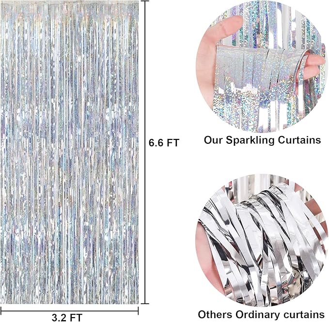 FECEDY 2 Packs 3.2ft x 6.6ft Silver Multicolor Tinsel Foil Fringe Curtains Photo Booth Props for Engagement Bridal Shower Bachelorette Baby Shower Bachelorette Holiday Celebration Party Decorations