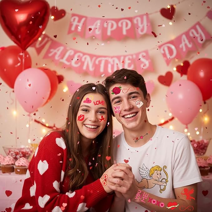 Valentine Temporary Tattoos Valentine Decorations Party Favors Love Kiss Heart Rose Lips Rose Party Supplies Accessories Gift Idea For Couple Stickers Décor Kids Boy Girls Teens Adult