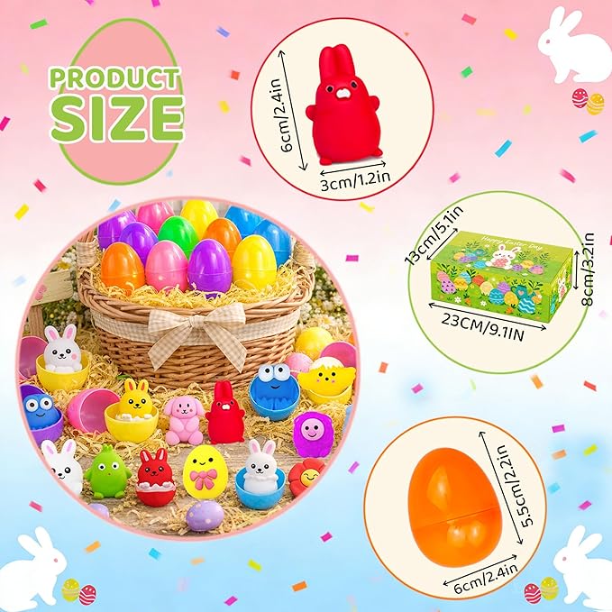 24 Pack Prefilled Easter Eggs with Squishy Toys – Easter Egg Fillers, Easter Gifts, Easter Goodie Stuffers, Classroom Prizes, Party Favors for Kids, Boys and Girls