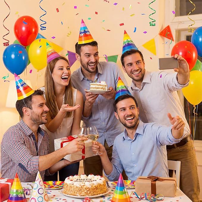 Azude Rainbow Party Hats for Kids and Adults, 12 Pack Happy Birthday Cone Hats with Metallic Foil Text, Sturdy 250gsm Paper Birthday Caps for Boys Girls & Classroom Celebrations, 7.9 Inch