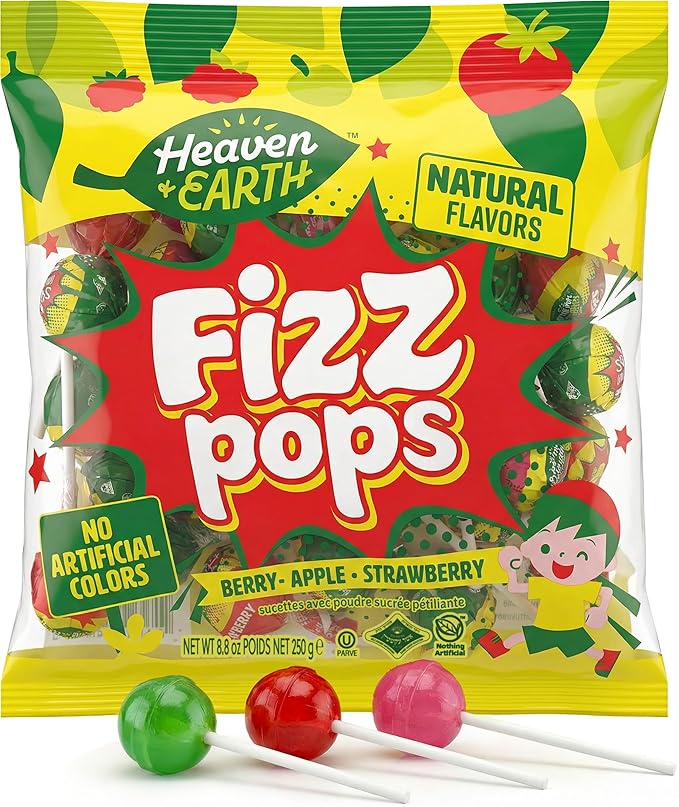 Heaven & Earth Berry, Apple, & Strawberry Fizz Pops (Approx. 38 Count) | All Natural Candy | Kosher | No Artificial Colors | Fun Fizzy Center | Bulk Pack for Parties & Goodie Bags