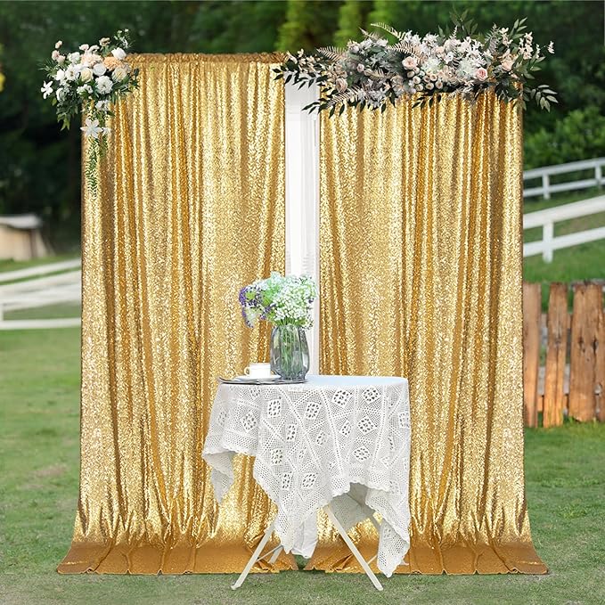 PartyDelight Gold Sequin Backdrop 5x10ft 2 Panels - High Density 3mm Shimmer Sequin Background Sparkly Photography Curtain for Wedding, Gala, Stage & Event Decor
