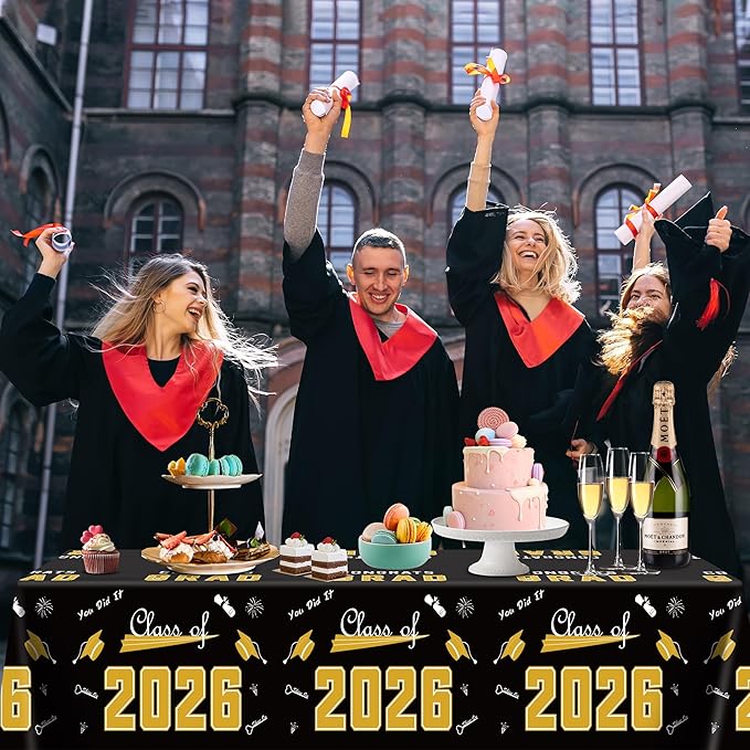 OHOME Graduation Decorations 2026-2026 Graduation Party Decorations - Disposable Plastic Black and Gold Tablecloth for Class of 2026 Decorations Party Favors Banner,54" X 108",2 Pack