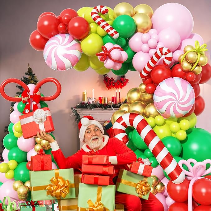 Christmas Balloon Arch Garland Kit, 123Pcs Long Green Red Paster Pink Gold Xmas Balloons with Candy Cane Foil Balloon for Merry Christmas Holiday Birthday Baby Shower Winter New Year Party Decorations