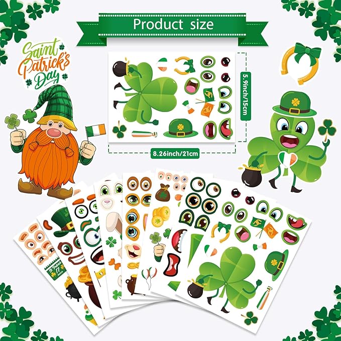 24 Sheets St. Patrick's Day Stickers, Make a Face Sticker for Kids Make Your Own Lucky Shamrock Irish Stickers St. Patricks Day Craft Party Favor Decorations