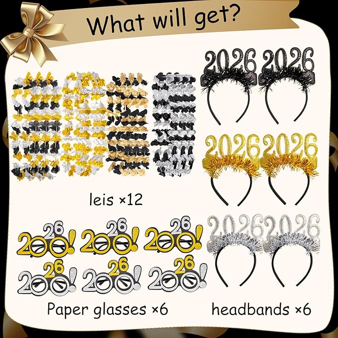 Atonofun New Years Eve Party Supplies 2026, 24 Pcs New Year Glasses Headband Tiara Leis 2026 New Year Party Eve Decorations for Kids Adults