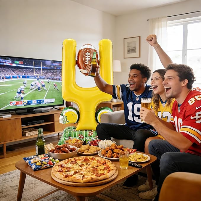 2-Piece Football Party Decoration Set - 5 ft Large Self Standing Football Foil Balloons, Suitable for Game Day Celebrations and Sports Themed Party Decorations (Football Goal Post)