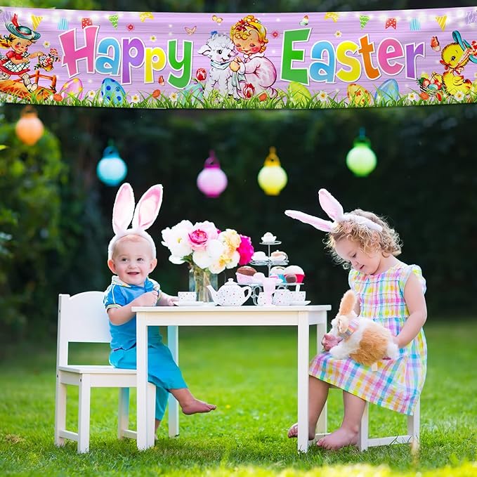 Easter Decorations Happy Easter Banner Traditional Easter Day Porch Banner Easter Yard Sign for Wall Yard Fence Spring Theme Party Indoor Outdoor (Pink)