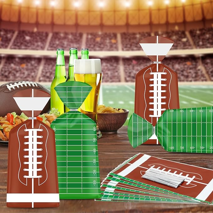 100 Pcs Football Goodie Bags - Brown Green Football Treat Bags, Plastic Rugby Sport Cellophane Snack Gift Candy Goody Bag with Silver Twist Ties for Sports Team Events Birthday Party Favors Supplies