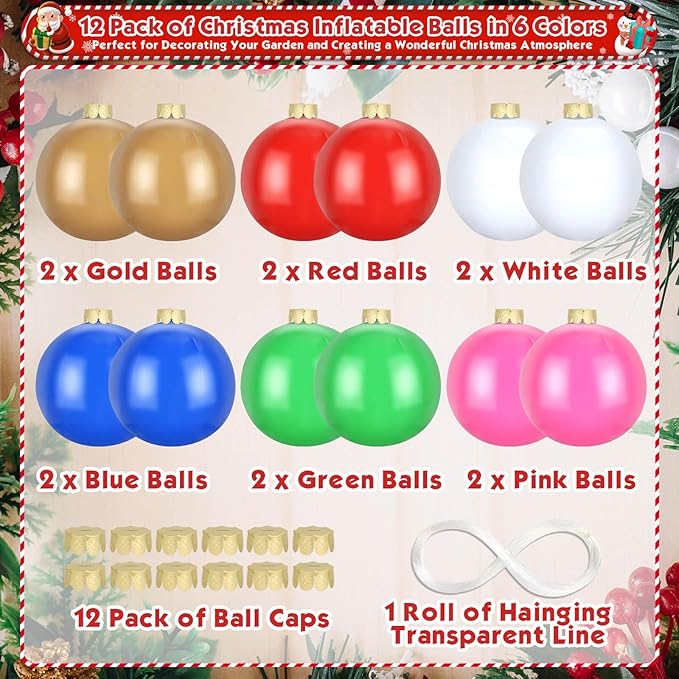 12 Pack Inflatable Christmas Ornaments for New Year Festive, Large Blow up Christmas Balls for Front Door Yard Tree Hanging Decoration (9 Inch)