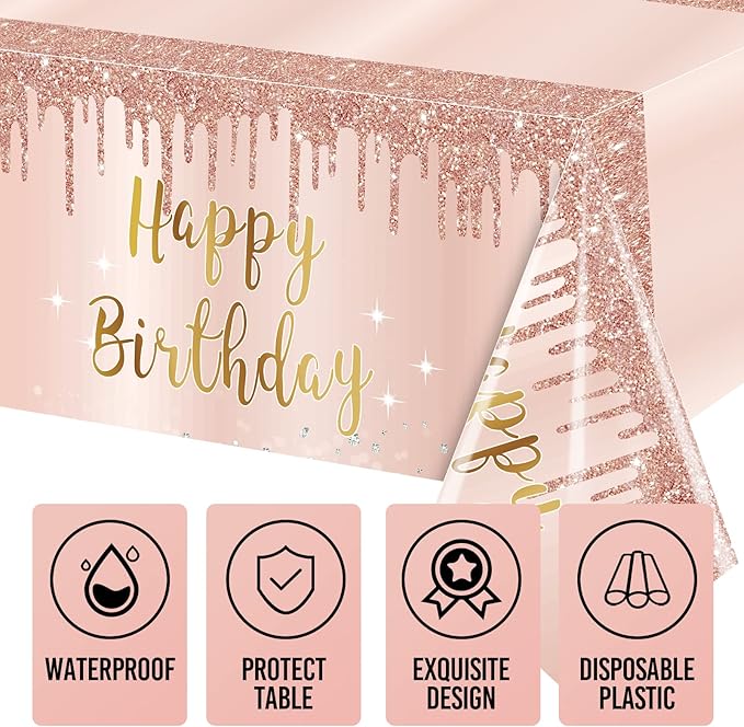 3 Pcs Pink Rose Gold Happy Birthday Tablecloth Decorations for Women, Happy Birthday Table Cover Party Supplies, 16th 21st 30th 40th 50th Birthday Plastic Disposable Rectangular Table Cloth Decor