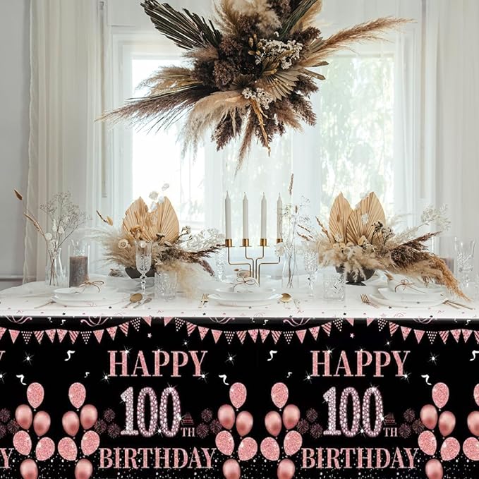 3 PCS Happy 100th Birthday Tablecloth for Women Black and Rose Gold Theme Decorations Plastic Disposable Table Decorations for Women Anniversary Celebration Party Supplies